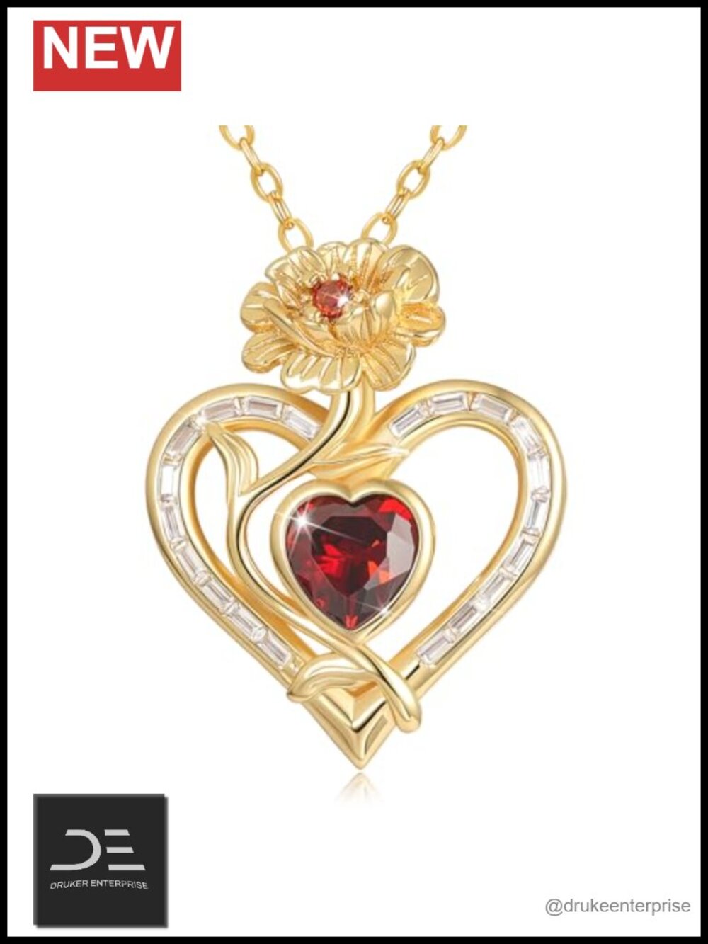 14K Gold Plated January Birth Flower Heart Pendant Necklace Garnet Women